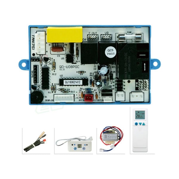 HVAC remote control board QD-U08PGC+ with wiring harness, sensor, and remote control for efficient climate management.